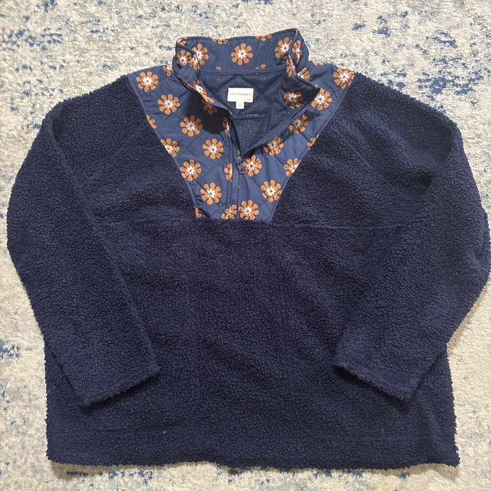 Vera Bradley Women's Teddy Fleece Pullover 1/4 Zip Navy Blue Floral sz XL